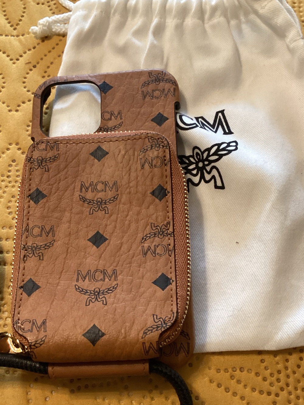 MCM Cognac Monogram Leather Zip Phone Pouch
